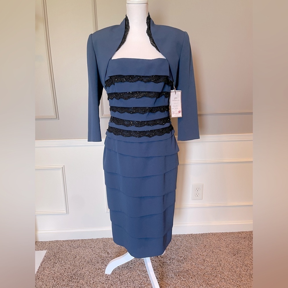 Daymor Couture NWT sz 8 1020 2 piece dress bolero jacket blue black set tiered